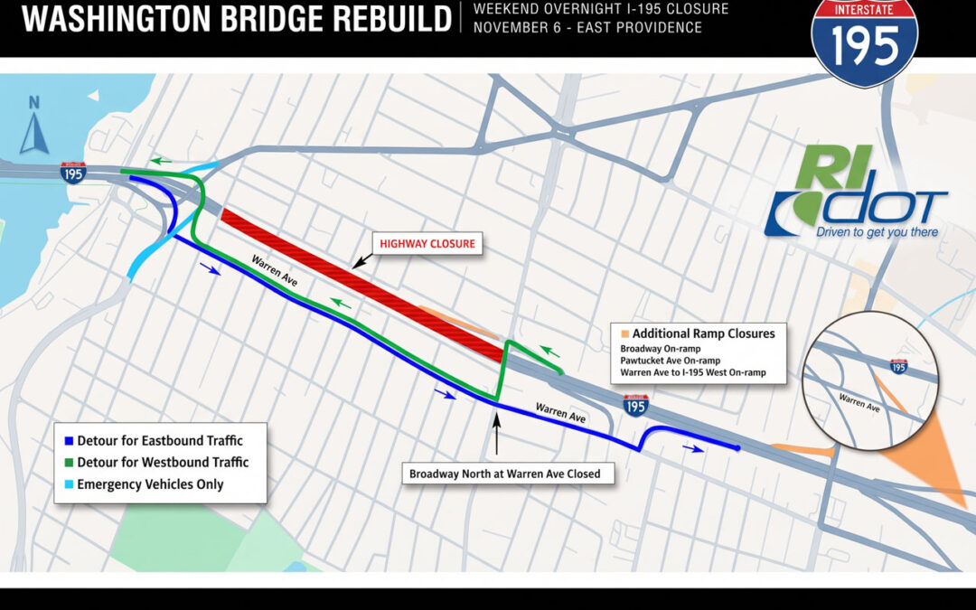 Encerramento noturno da I-195 em East Providence para demolição de ponte a partir das 10 horas da noite de sexta-feira, 6 de novembro de 2026