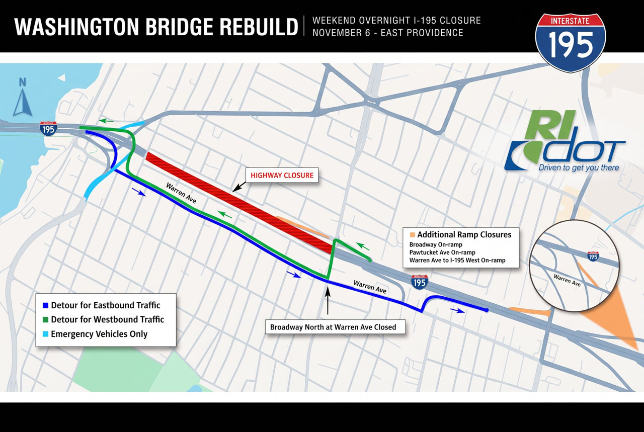 Encerramento noturno da I-195 em East Providence para demolição de ponte a partir das 10 horas da noite de sexta-feira, 6 de novembro de 2026